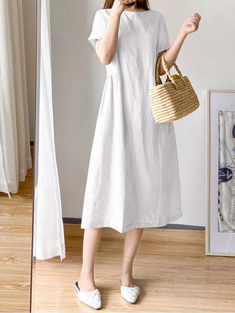 Knee Length Dress Cotton Solid Pockets Women Midi Dress