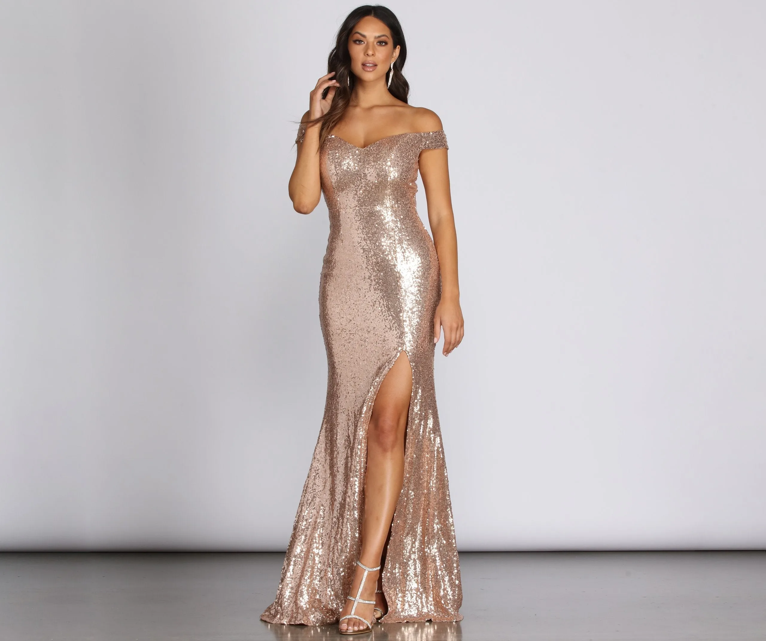 Kristy Sequin Off Charming The Shoulder Formal Dress