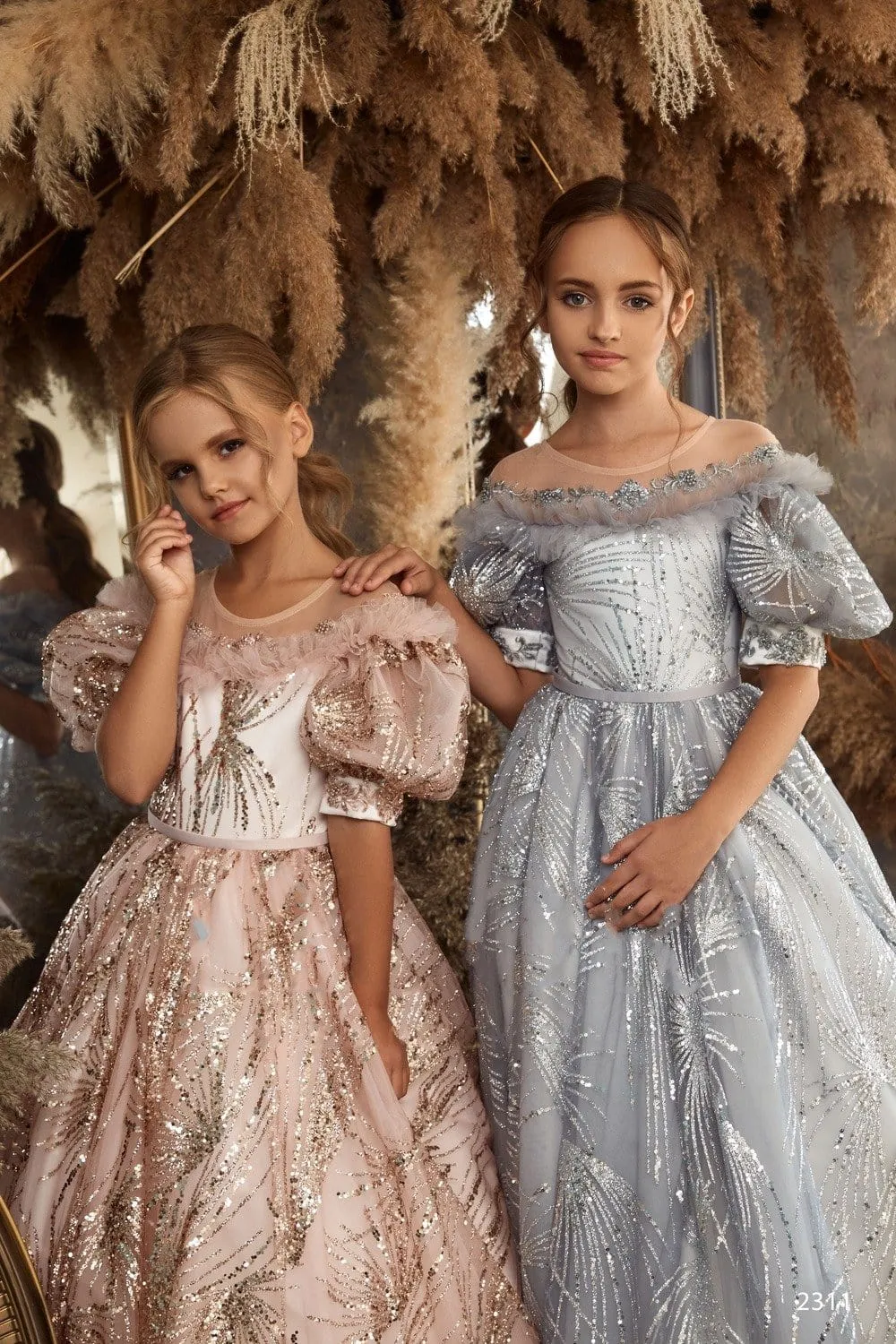 L2311 Rose Gold Little Girl Dress with Puff Sleeves