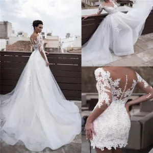 Lace A-line Wedding Dresses Detachable Train Appliques Scoop Neck Sheath Formal Bridal Gowns Half Sleeves Elegant Wedding Gowns