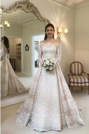 lace appliqué wedding dresses for bride boat neck long sleeve elegant cheap wedding gowns 2021