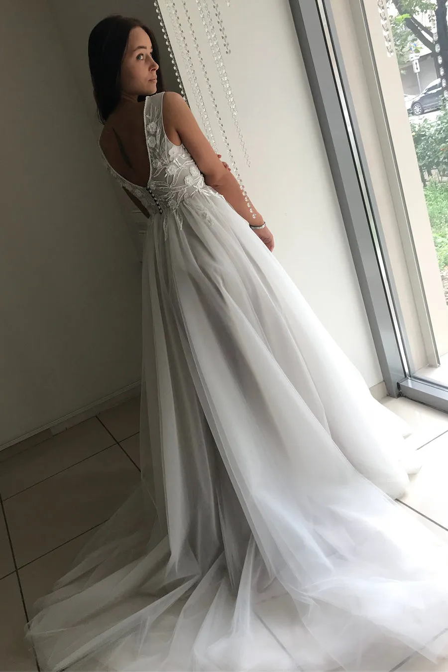 Lace Appliques A-line V-Neck Long White Wedding Dress with Buttons