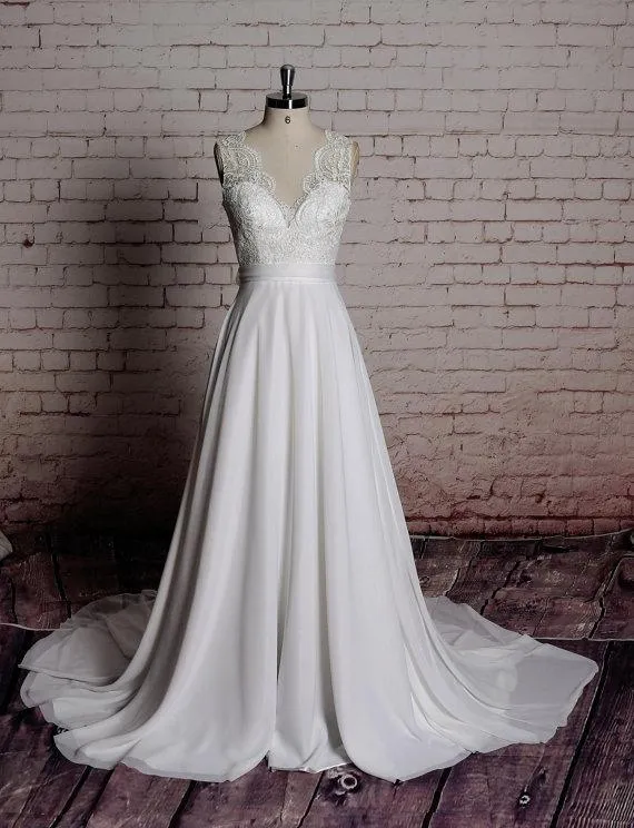 Lace Back Bow V Neck Cheap Beach Wedding Dresses Online, WD383