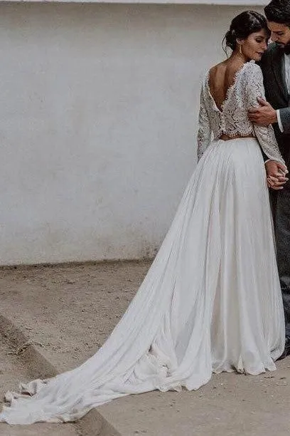 Lace Full Sleeves Two-piece Wedding Dress Beach