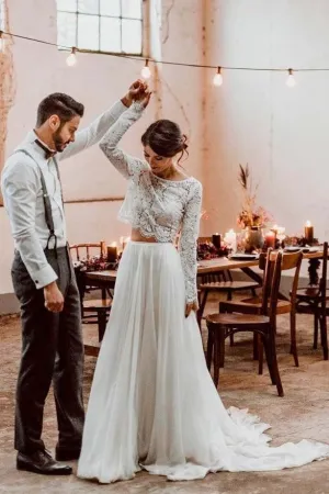 Lace Full Sleeves Two-piece Wedding Dress Beach