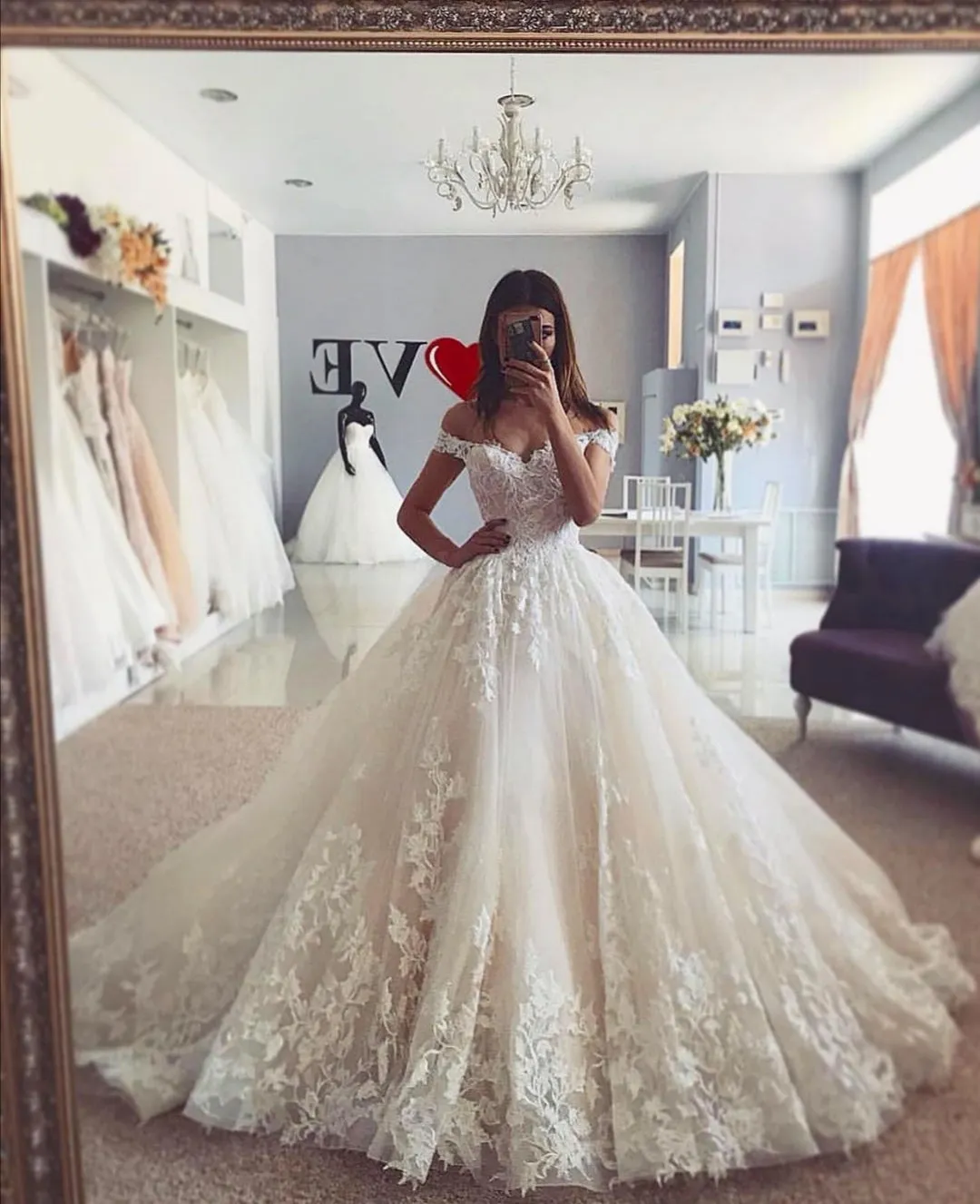 Lace Garden-inspired Wedding Gown with Off-the-shoulder
