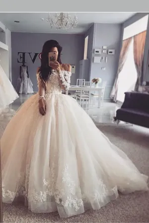 Lace Long Sleeves Wedding Gown with Tulle Train
