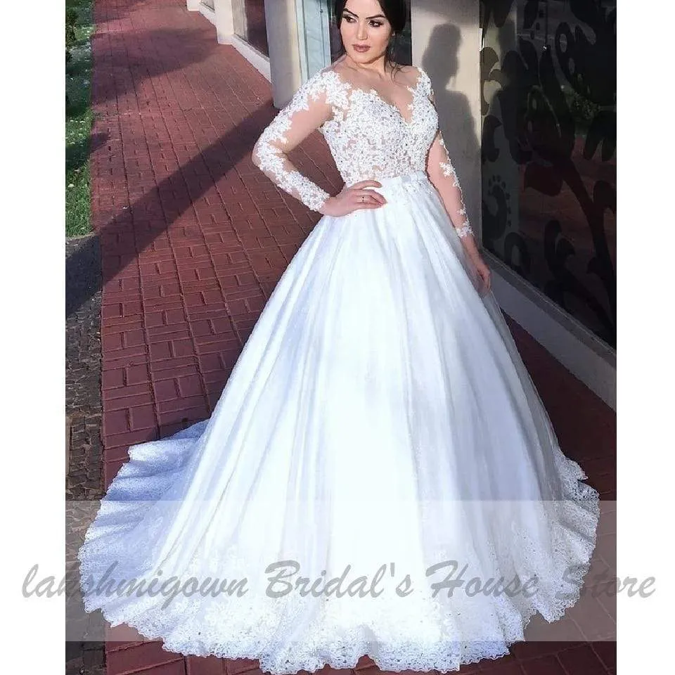 Lace Long Sleeves Wedding Gowns with Appliqued Train