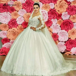 Lace Long Sleeves Wedding Gowns with Appliqued Train