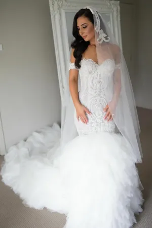 Lace Off-the-shoulder Corset Mermaid Wedding Gown with Ruffled Tulle Skirt