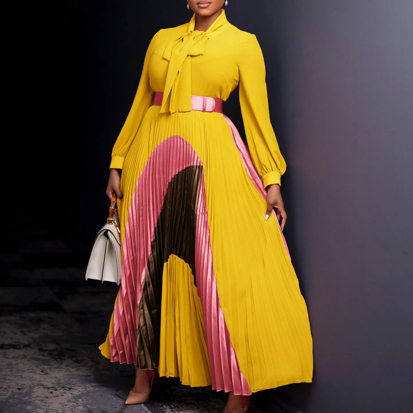 Lace Up Pleated Long Sleeved Dress