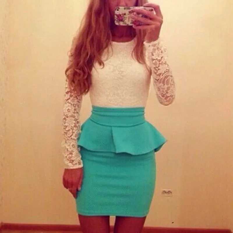 Lace Women Dress Fashion Long Sleeve Black& Sky Blue Elegant Dress Casually Bodycon