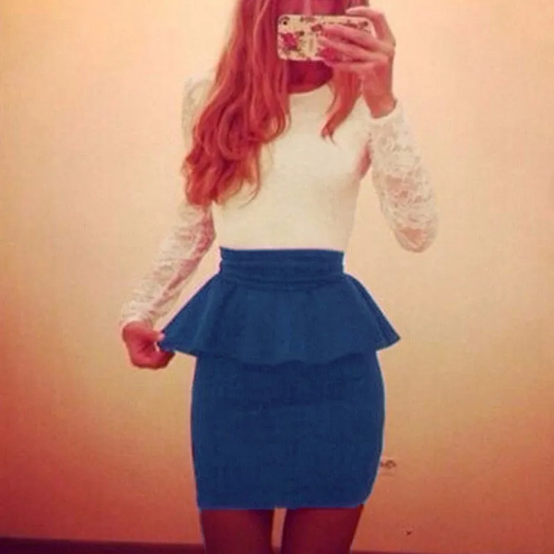 Lace Women Dress Fashion Long Sleeve Black& Sky Blue Elegant Dress Casually Bodycon