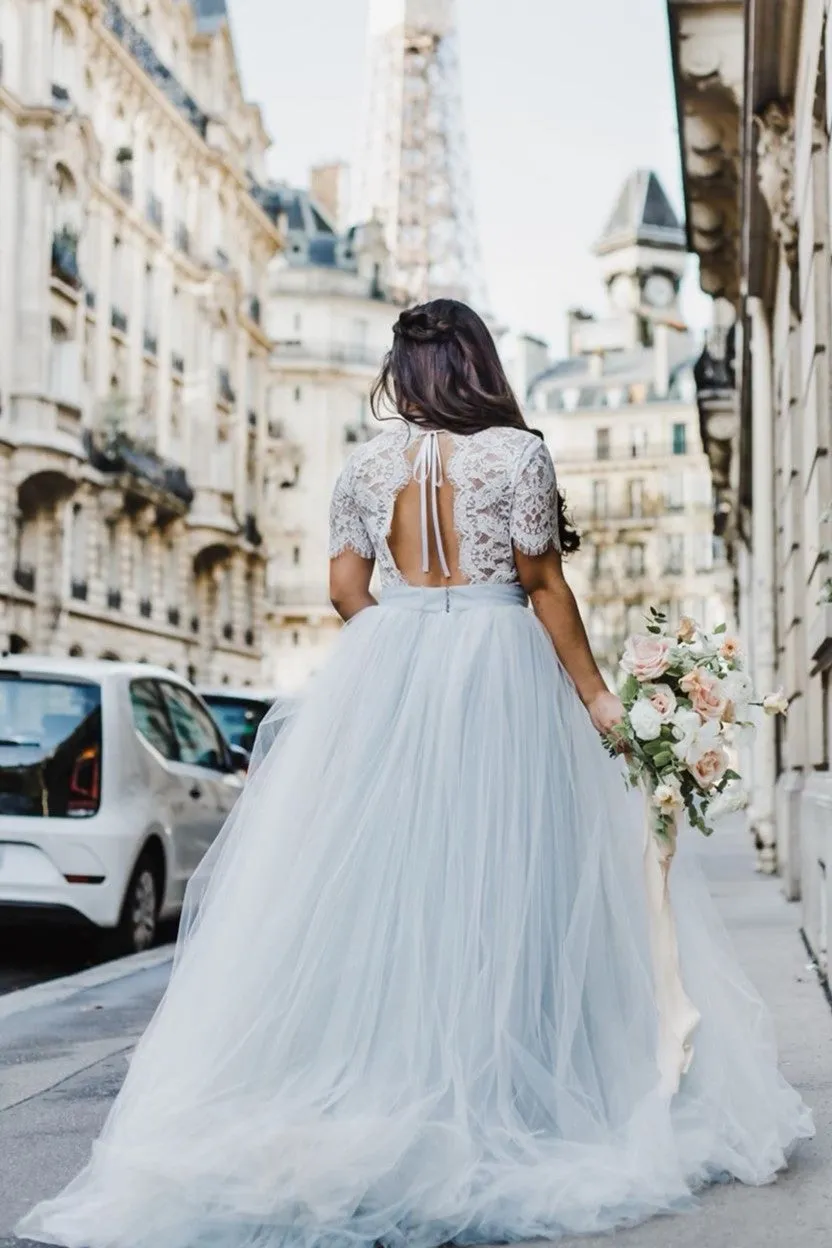 Lace&Tulle Bohemia Wedding Dresses with Short Sleeves