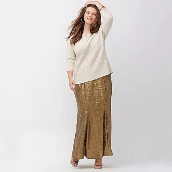 Lane Bryant Womens Sequin Maxi Skirt Size 22 Gold Mermaid Metallic Dressy NWT