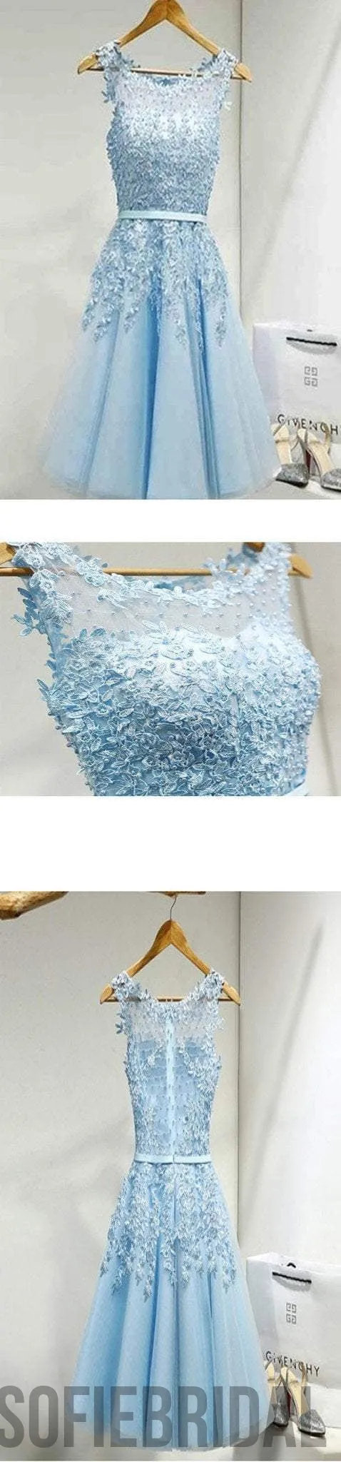 Light blue appliques lace see through lovely homecoming prom dresses, SF0083