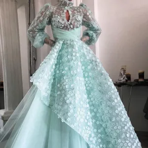 light blue prom dresses 2020 high neck longs sleeve elegant 3d flowers arabic prom gown abendkleider