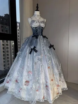 Light Blue Straps A-Line Lace Chiffon Birthday Ball Gowns Retro Prom Dresses, D1081