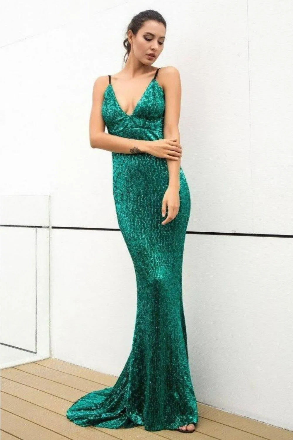 Long Fishtail Sequin Dress Deep V-Neck Open Back Gown - Green