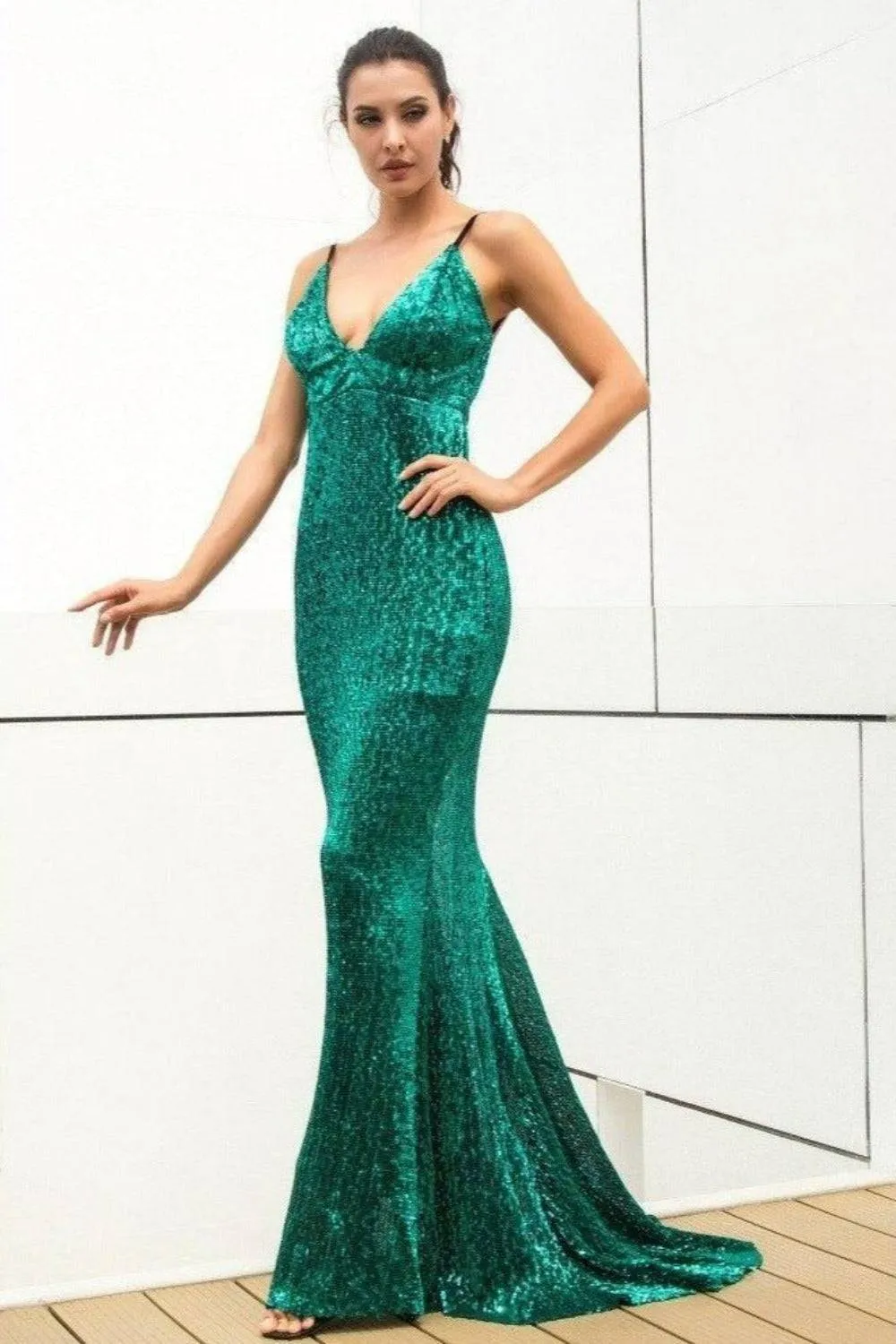 Long Fishtail Sequin Dress Deep V-Neck Open Back Gown - Green