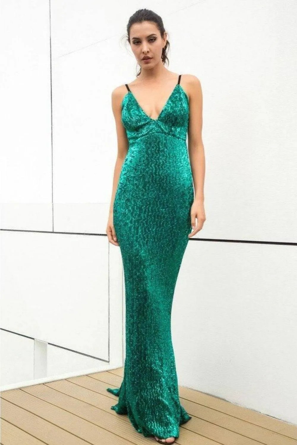 Long Fishtail Sequin Dress Deep V-Neck Open Back Gown - Green