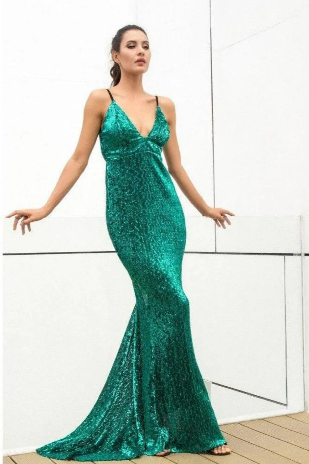 Long Fishtail Sequin Dress Deep V-Neck Open Back Gown - Green