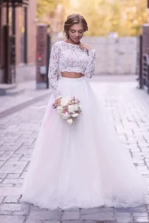 Long Lace Sleeves Two-pieces Bridal Dresses with Tulle Skirt