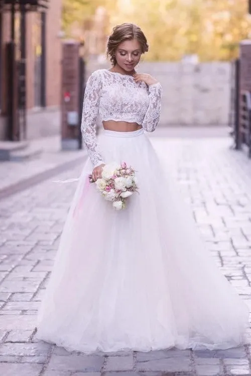 Long Lace Sleeves Two-pieces Bridal Dresses with Tulle Skirt