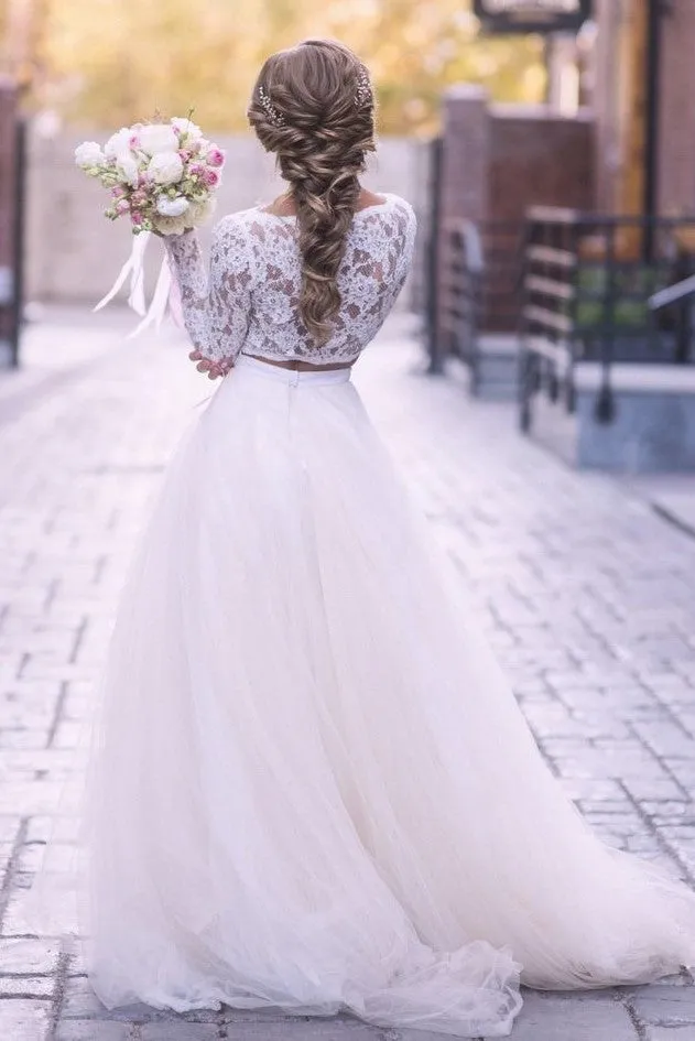 Long Lace Sleeves Two-pieces Bridal Dresses with Tulle Skirt