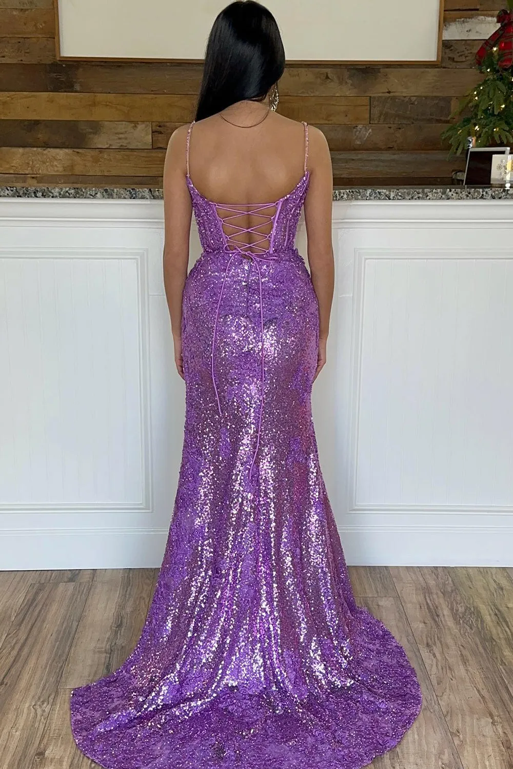 Long Mermaid Red Prom Dress 2024 Spaghetti Straps Appliques with Slit