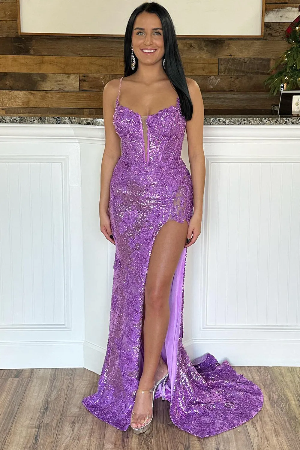 Long Mermaid Red Prom Dress 2024 Spaghetti Straps Appliques with Slit