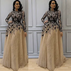 long sleeve champagne prom dresses elegant lace applique vintage arabic prom gown vestido de longo