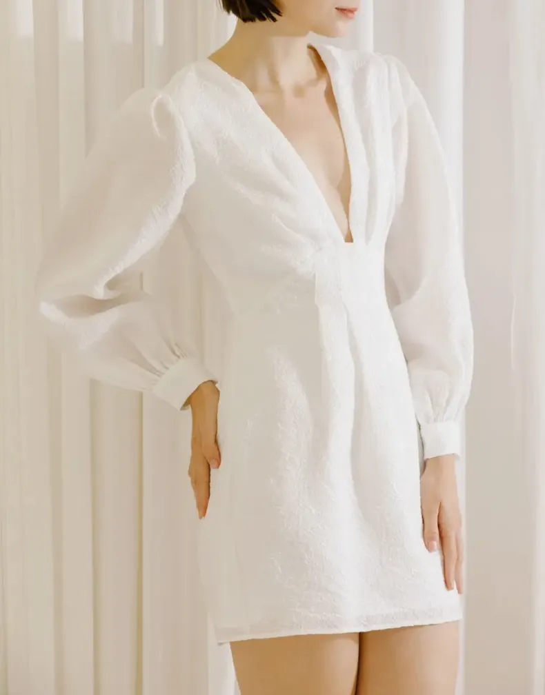 Long Sleeve Plunge Neck Floral Mini Dress