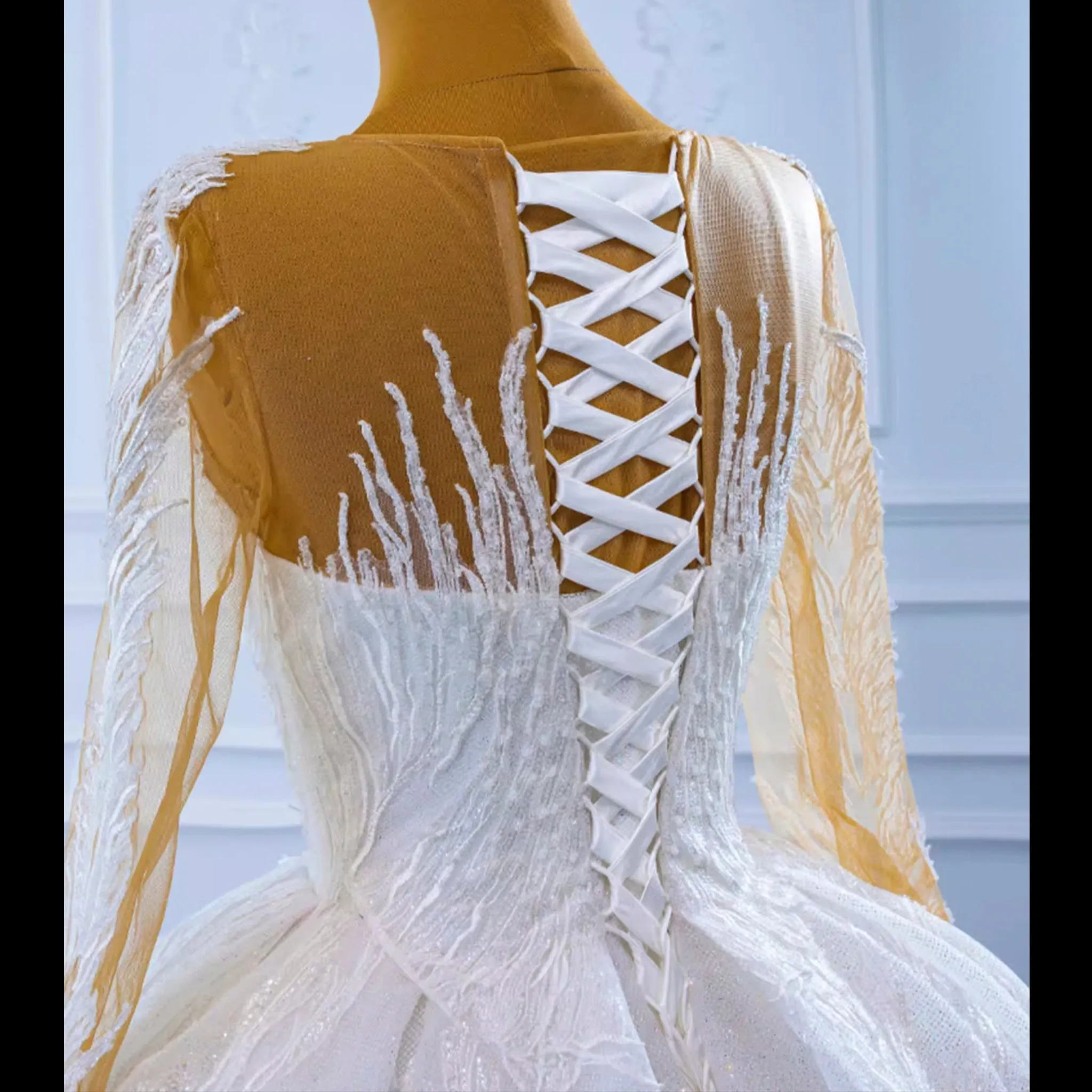 Long Sleeve Sparkly Lace Ball Gown Wedding Dress with High Back