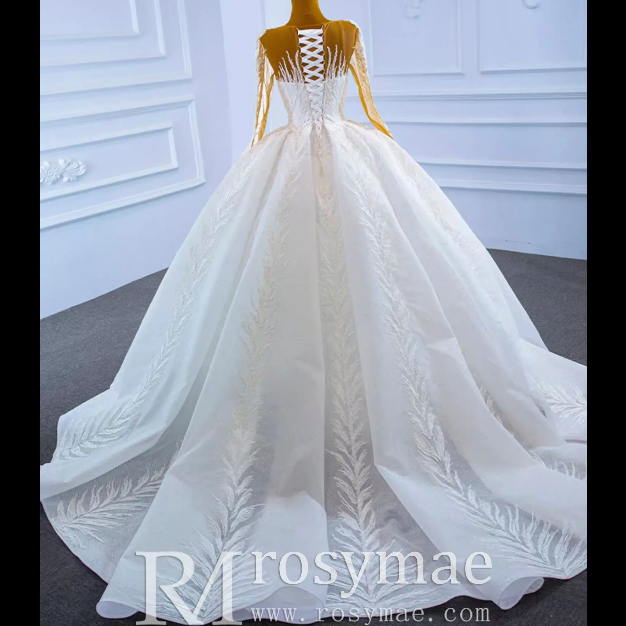 Long Sleeve Sparkly Lace Ball Gown Wedding Dress with High Back