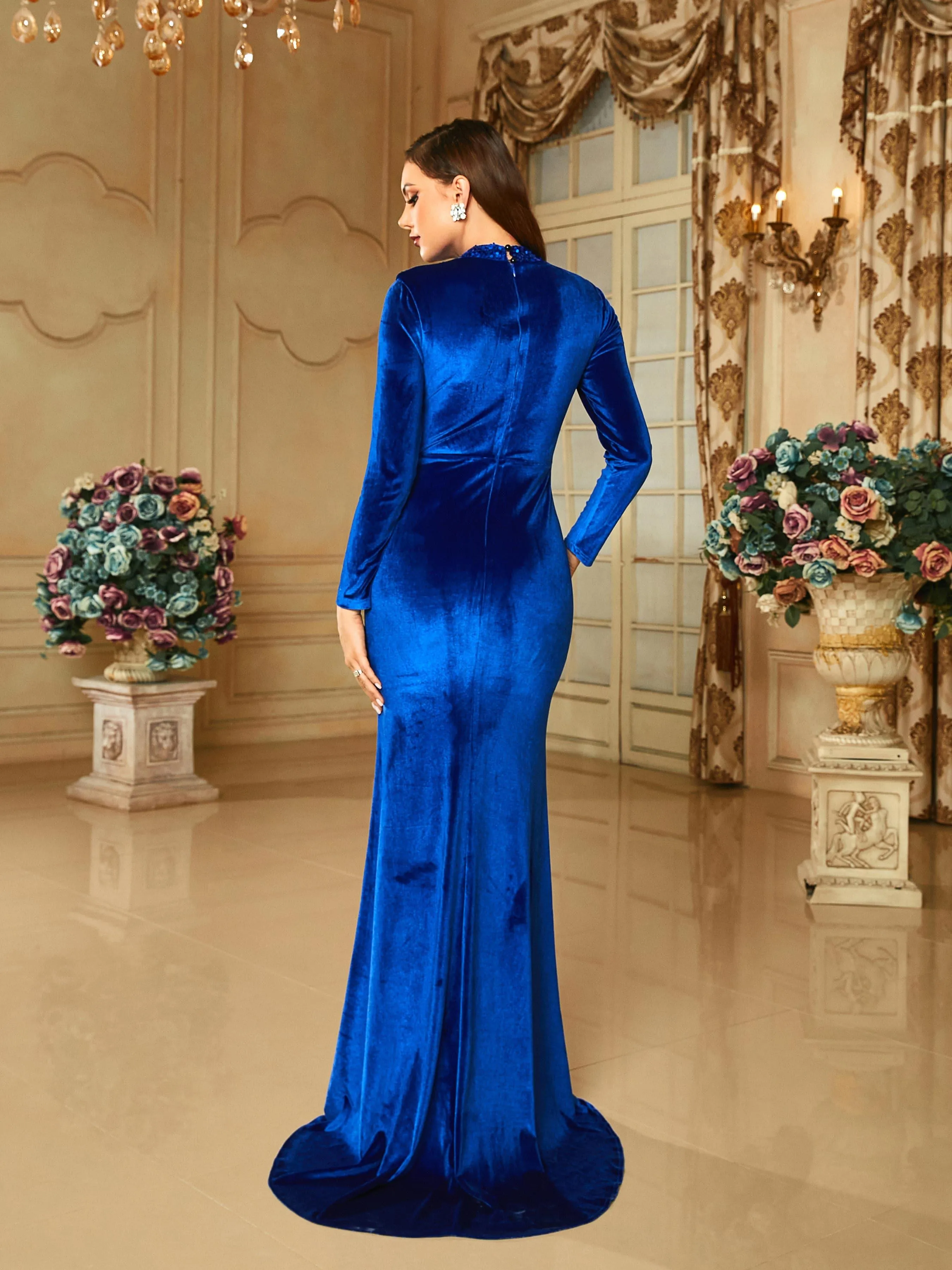 Long Sleeve Velvet Ruched Evening Dress RM20654