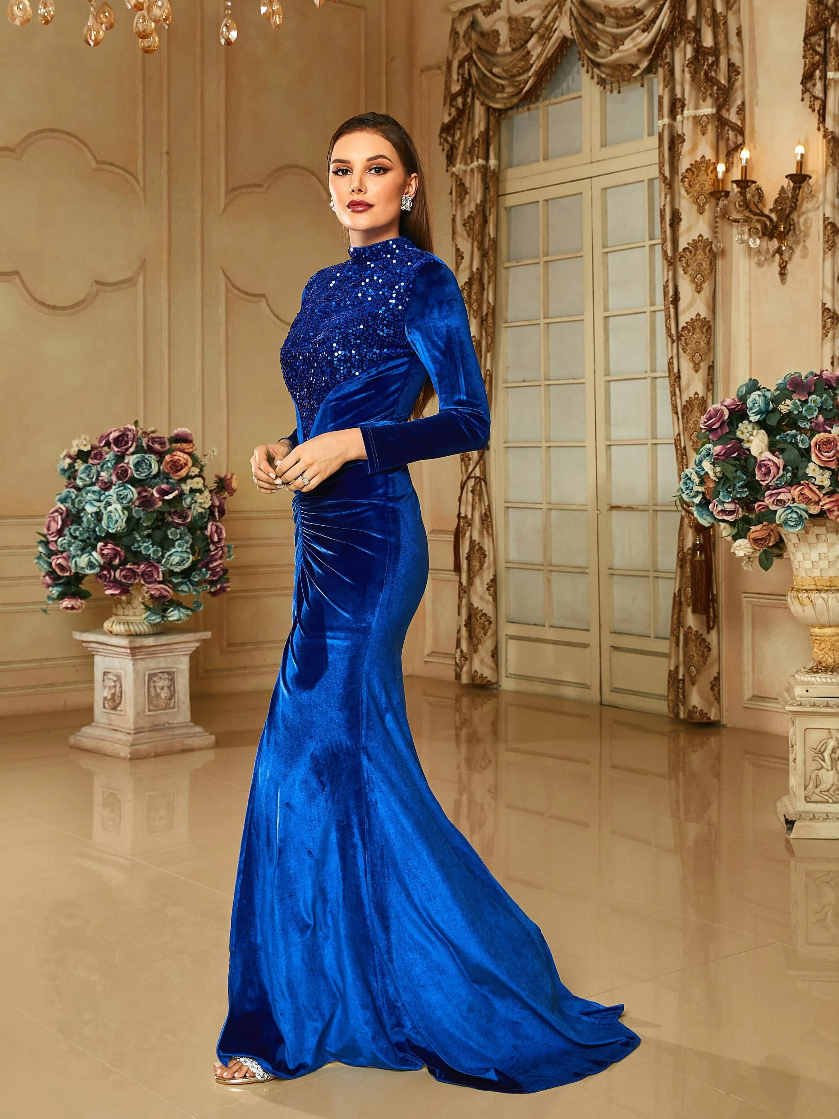 Long Sleeve Velvet Ruched Evening Dress RM20654