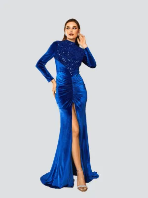 Long Sleeve Velvet Ruched Evening Dress RM20654