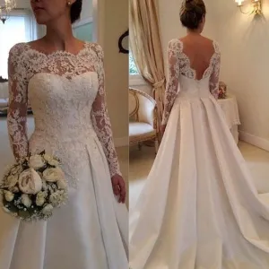 long sleeve wedding dresses for bride 2020 lace appliqué beaded elegant cheap satin wedding gowns vestido de novia
