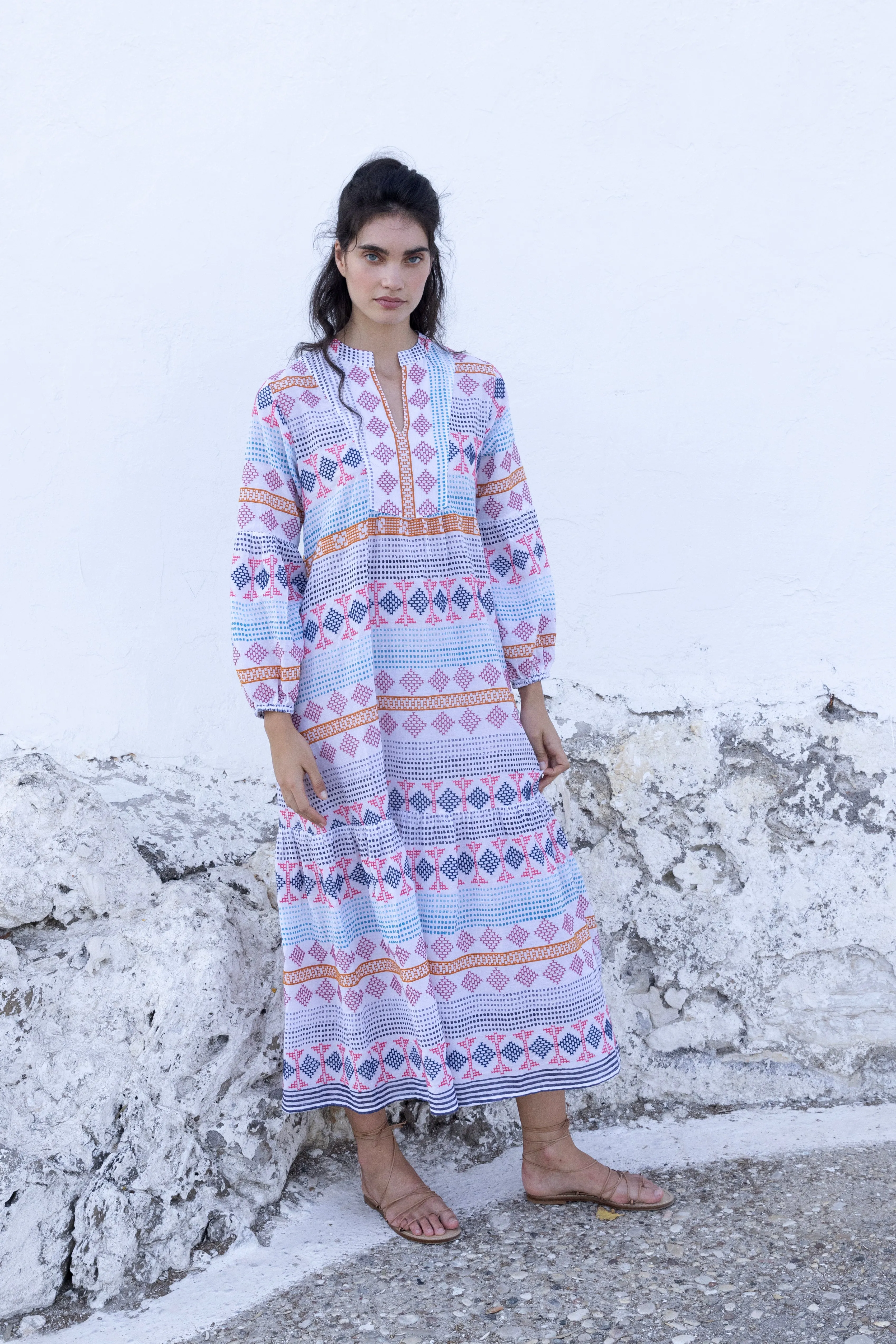 Long Sleeve Yoke Maxi- Casablanca Multi
