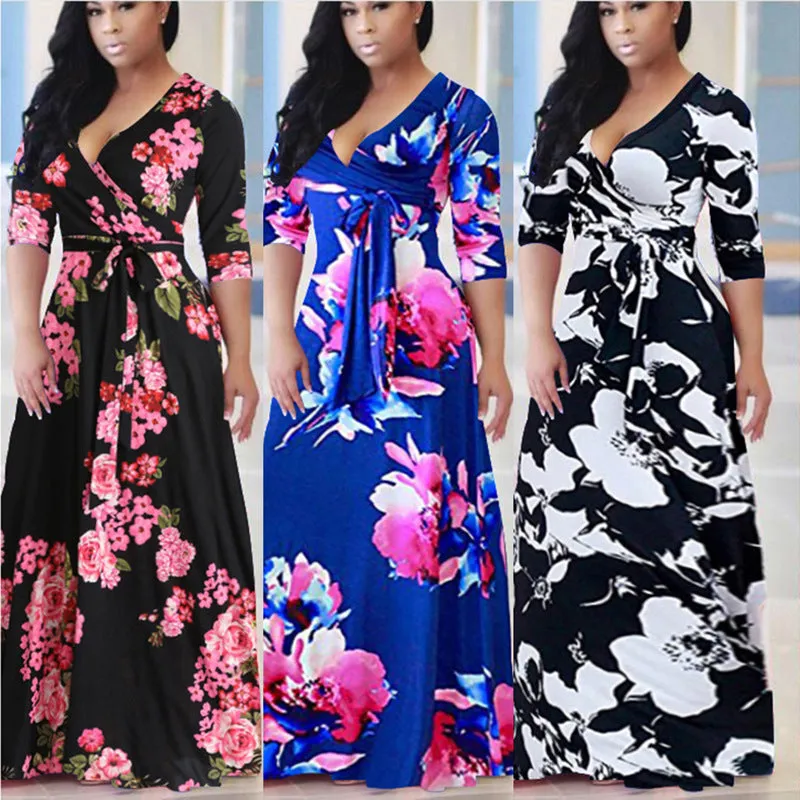 Long Sleeved Maxi Dress with Large Floral Print