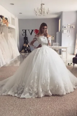 Long Sleeves Ball Gown Lace Off-the-shoulder Bridal Dresses 2020