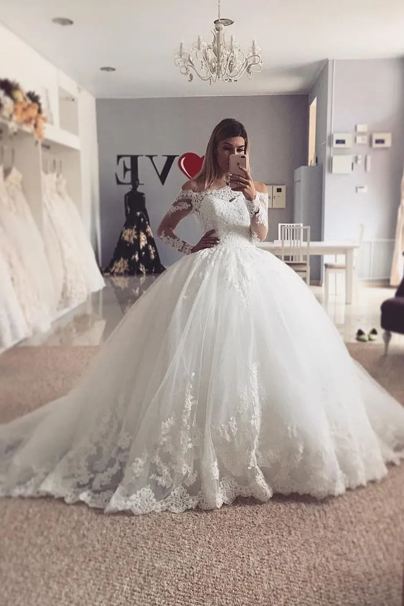 Long Sleeves Ball Gown Lace Off-the-shoulder Bridal Dresses 2020