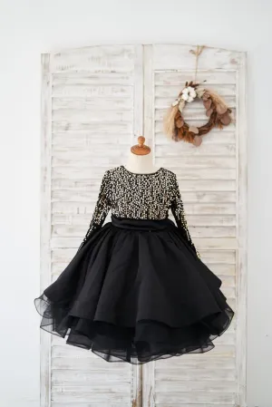 Long Sleeves Gold Sequin Black Satin V Back Wedding Flower Girl Dress Kids Party Dress