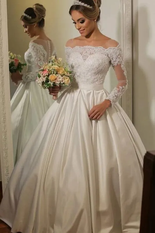 Long Sleeves Satin Bridal Gown with See-through Lace Bodice