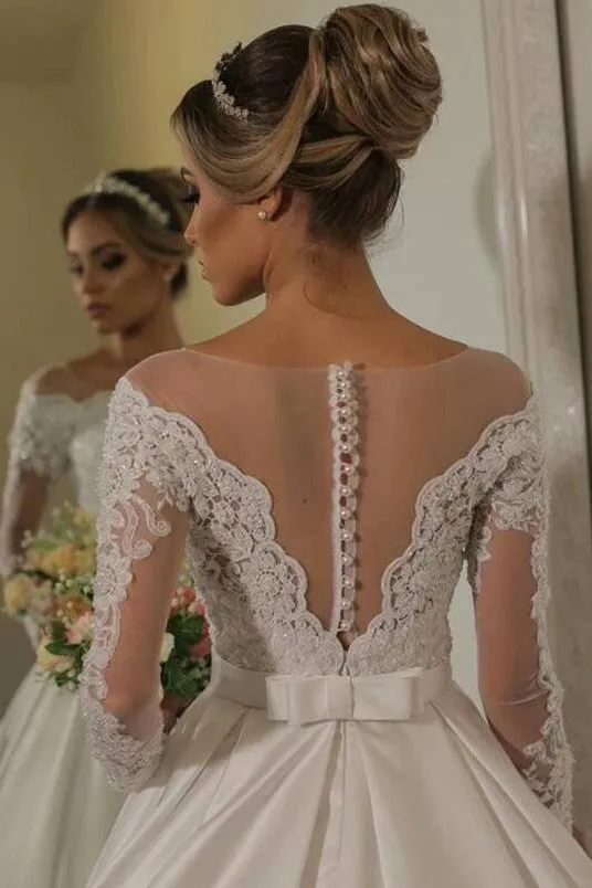 Long Sleeves Satin Bridal Gown with See-through Lace Bodice