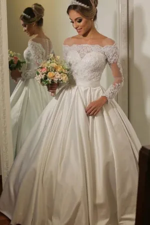 Long Sleeves Satin Bridal Gown with See-through Lace Bodice