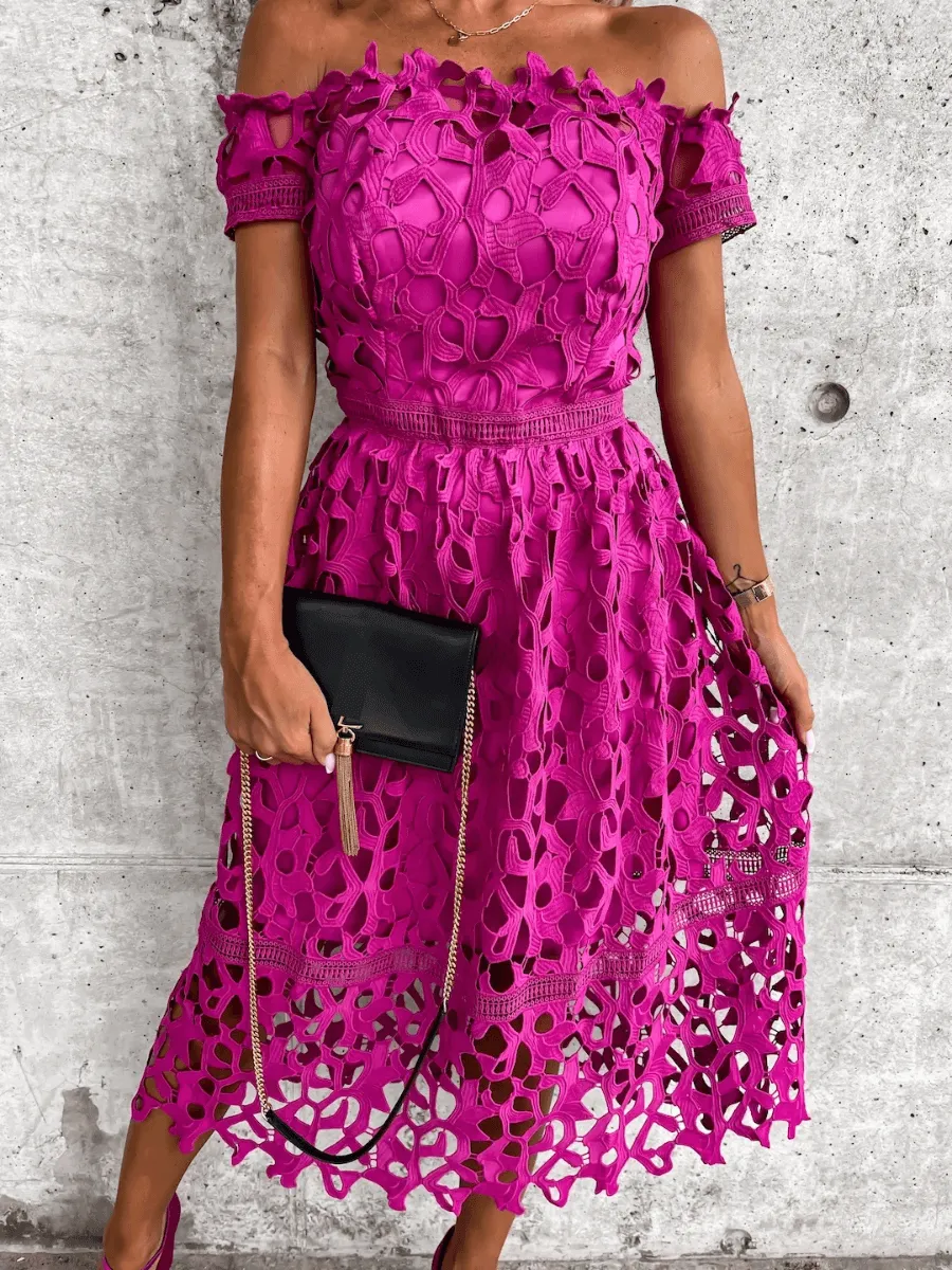 LOVE STORY BABY LACE OFF SHOULDER MIDI DRESS - MAGENTA