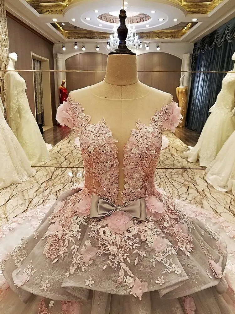 LS83920 real short sleeves 3d flower pattern peplum hot selling long train elegant evening gown