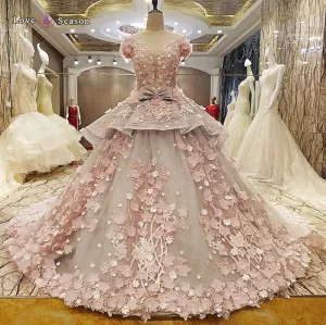 LS83920 real short sleeves 3d flower pattern peplum hot selling long train elegant evening gown